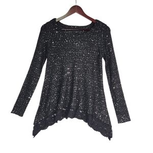 Signature Studio Women Black Sequin Sweater Top Small Lace Asymmetric Whimsigoth